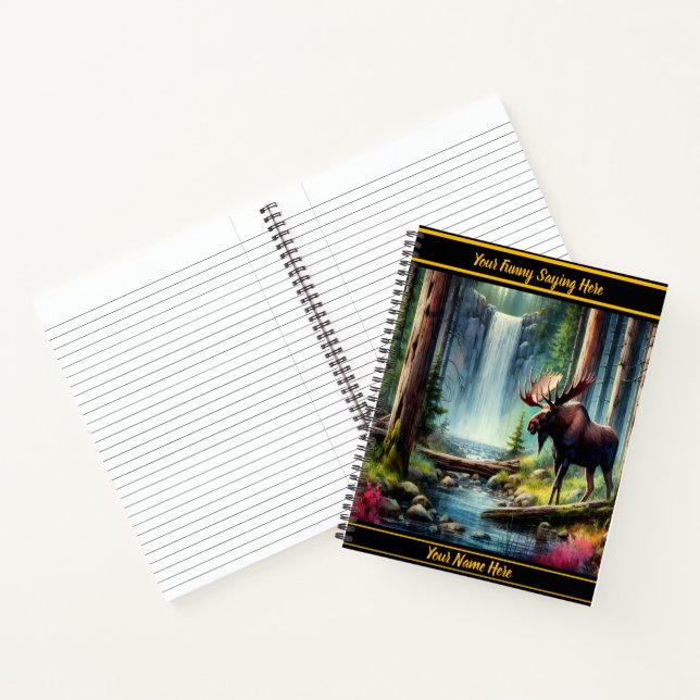 Majestic moose by a tranquil waterfall in summer notebook (Inside)