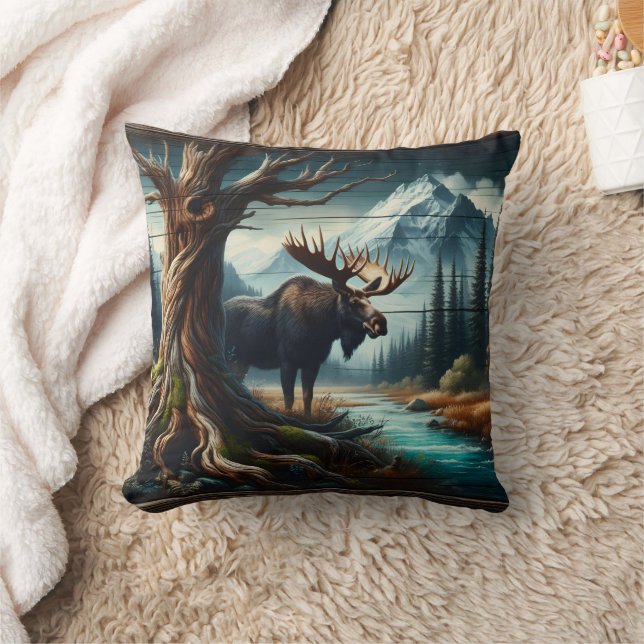 Majestic Moose by Mountain River at Dusk Cushion (Blanket)