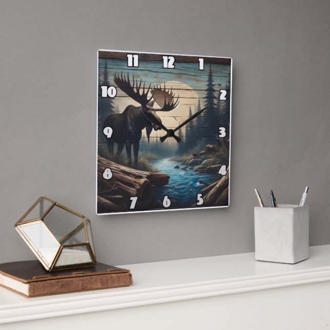 Majestic Moose by Tranquil River at Dusk Square Wall Clock (Office)