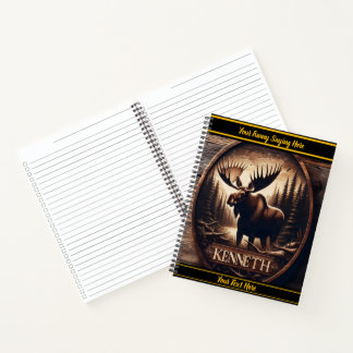 Majestic moose carved against a forest backdrop notebook
