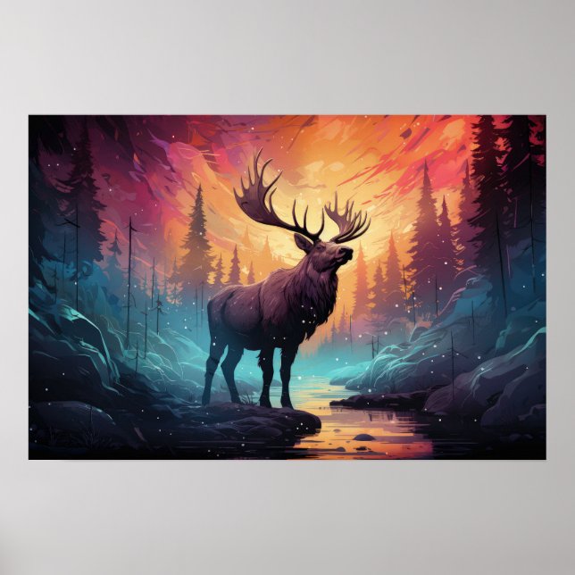 Majestic Moose (Elk) By Creek Wildfire Background Poster (Front)