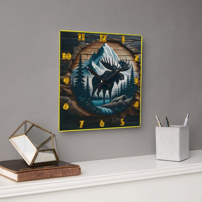 Majestic Moose in Forested Mountain Landscape Square Wall Clock (Office)