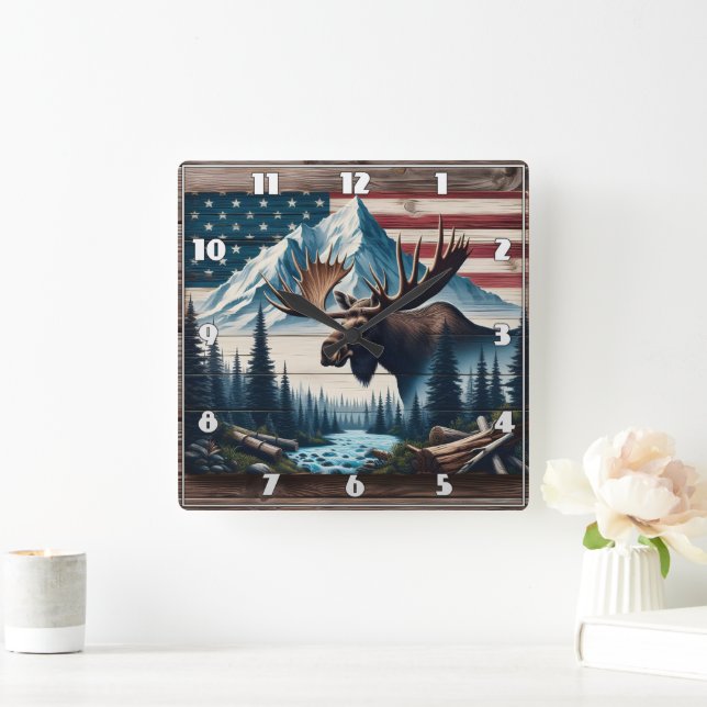 Majestic Moose in Front of Mountains and Flag Square Wall Clock (Home)