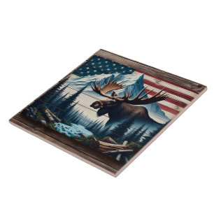 Majestic Moose in Front of Mountains and Flag Tile