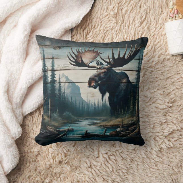 Majestic Moose in Serene Forest Landscape Cushion (Blanket)