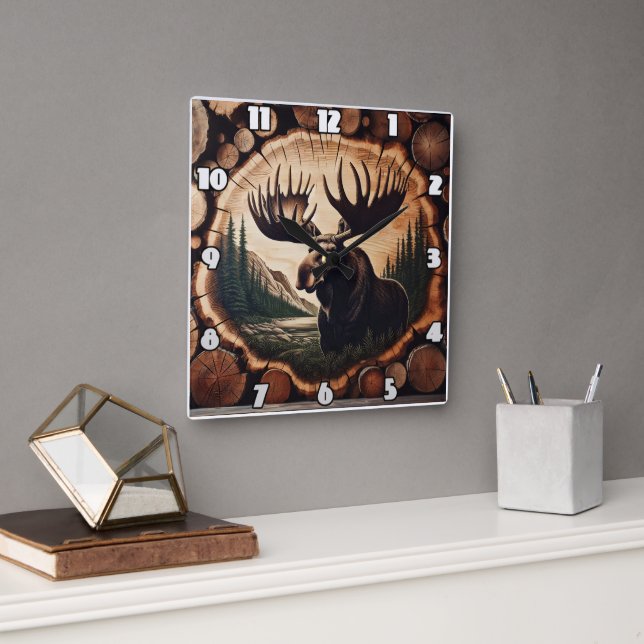 Majestic Moose in Woodland Setting With Logs Square Wall Clock (Office)