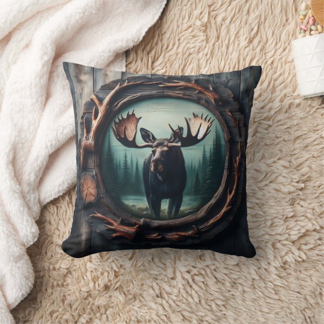 Majestic Moose Portrait in Rustic Frame Cushion (Blanket)