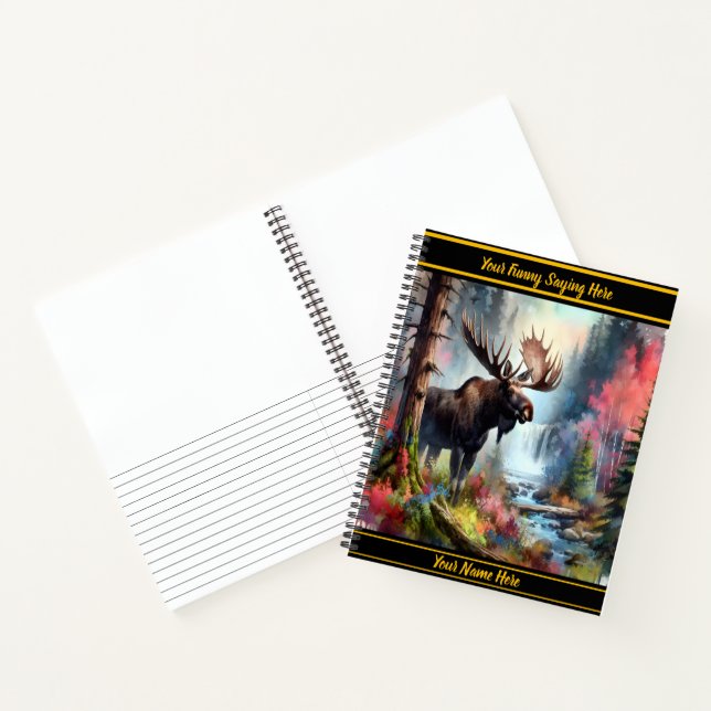 Majestic moose standing near a vibrant waterfall notebook (Inside)