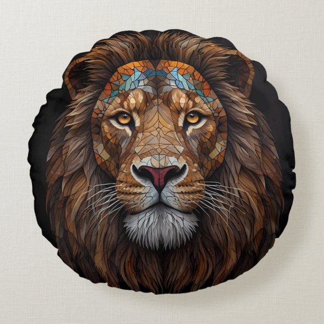 Majestic Mosaic Lion Head Round Cushion (Front)