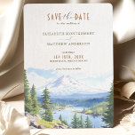 Majestic Mount Hood Forest Save-the-Date Invitation<br><div class="desc">Enchant your guests with the natural splendour of the Pacific Northwest with our Majestic Mount Hood Forest Save-the-Date invitation. This card is beautifully illustrated with a watercolor panorama of Mount Hood, capturing the serene beauty of its snow-capped peak and the surrounding evergreen forest. The tranquil blue of the sky and...</div>