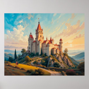 Majestic Mountain Castle at Sunset in Picturesque Poster