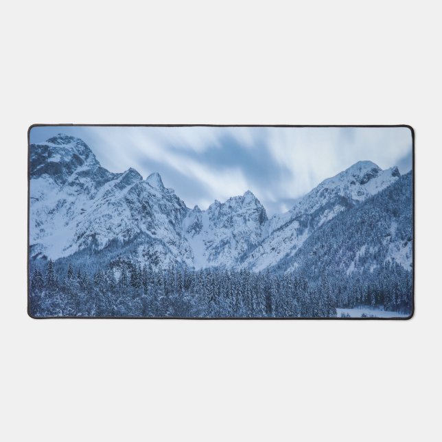 Majestic mountain Mangart reflection Fusine lake Desk Mat (Front)