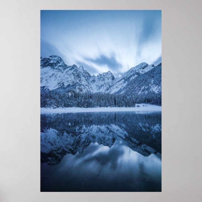 Majestic mountain Mangart reflection Fusine lake Poster (Front)