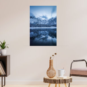 Majestic mountain Mangart reflection Fusine lake Poster