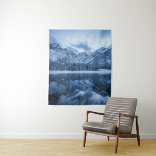 Majestic mountain Mangart reflection Fusine lake Tapestry