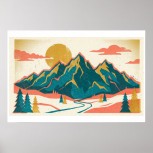 Majestic Mountain Peaks Vintage Risograph Poster