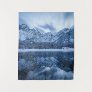 Majestic mountains reflection Fusine lake, Italy Tapestry