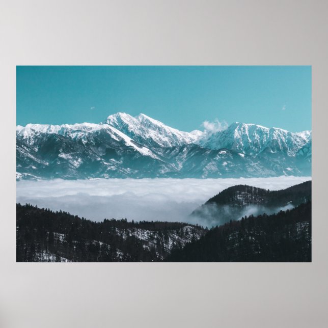 Majestic mountains rising over foggy valley poster (Front)