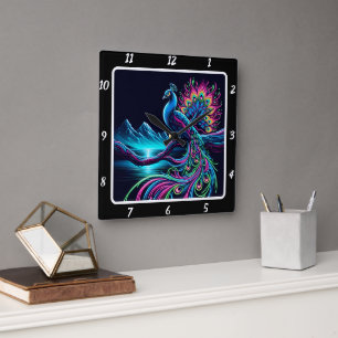 Majestic Neon Peacock  Square Wall Clock
