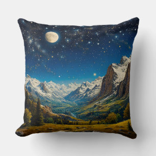 Majestic Night Sky Over Snow-Capped Mountains Cushion