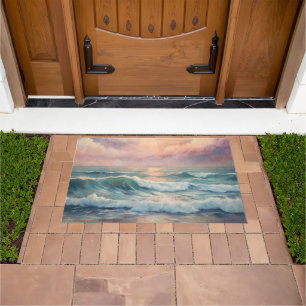 Majestic Ocean Sunset Waves Watercolor Coastal Doormat