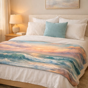 Majestic Ocean Sunset Waves Watercolor Coastal Fleece Blanket