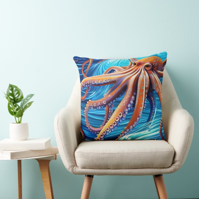 Majestic Octopus Blue Ocean Wave Expressionism Cushion (Chair)