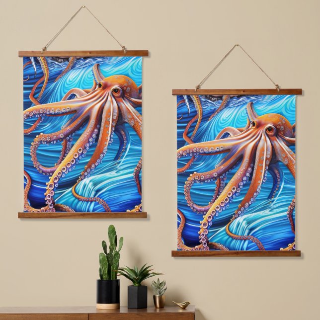 Majestic Octopus Blue Ocean Wave Expressionism Hanging Tapestry (Asymmetrical)