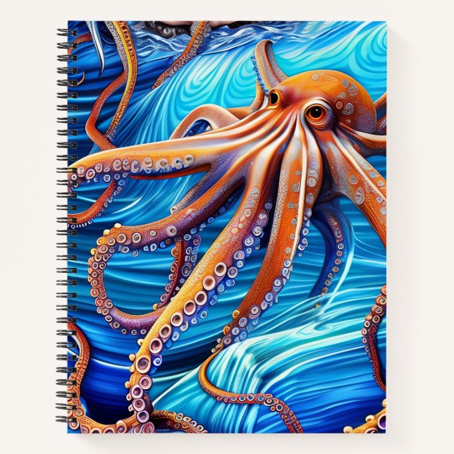 Majestic Octopus Blue Ocean Wave Expressionism Notebook (Front)