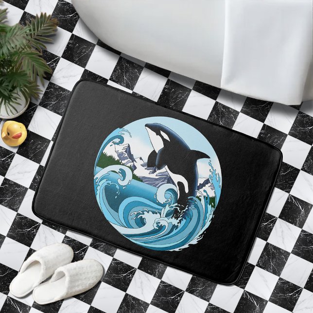 Majestic Orca Killer Whale Blue Waves Ocean Bath Mat (Creator Uploaded)