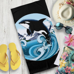 Majestic Orca Killer Whale Blue Waves Ocean Beach Towel