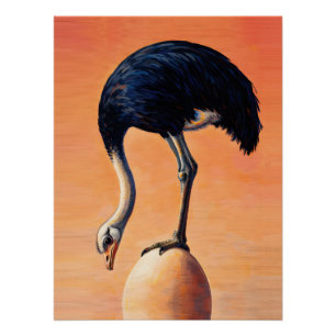 Majestic Ostrich Balancing on Giant Egg Sunset Art Poster