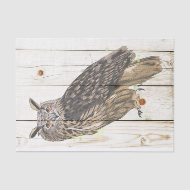 Majestic owl on faded wood planks tissue paper (Front)