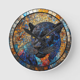Majestic Panther Stained Glass Artwork Round Clock