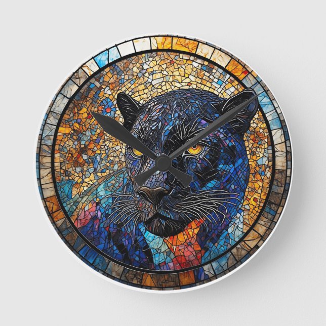 Majestic Panther Stained Glass Artwork Round Clock (Front)