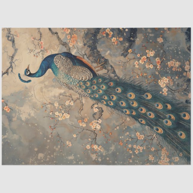 Majestic Peacock Amid Cherry Blossoms Tissue Paper (Front)