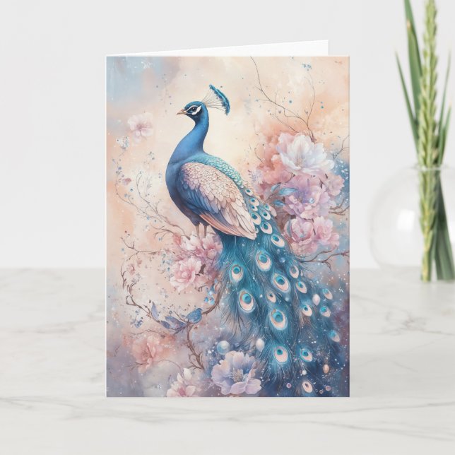 Majestic Peacock Amidst Beautiful Flowers Card (Front)