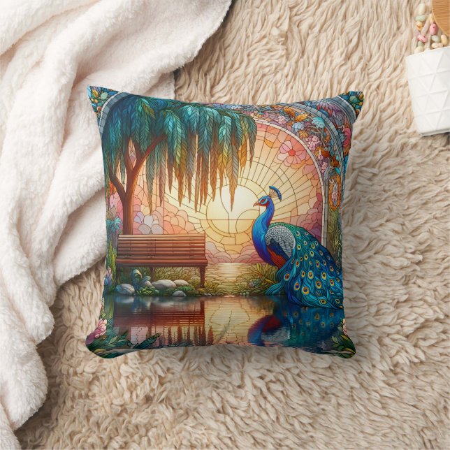 Majestic Peacock by Reflective Pond at Sunset Cushion (Blanket)