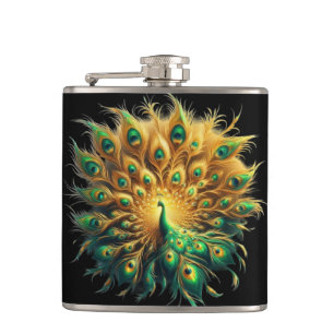 Majestic Peacock Display Blue And Gold Hip Flask