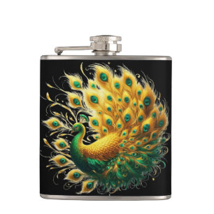 Majestic Peacock Display Blue And Gold Hip Flask