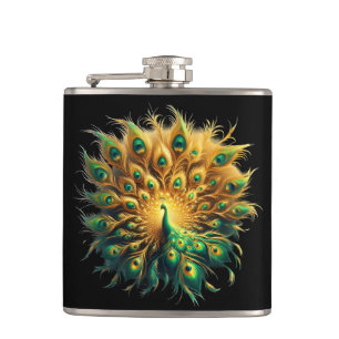 Majestic Peacock Display Blue And Gold Hip Flask