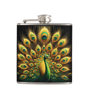 Majestic Peacock Display Green And Gold Hip Flask