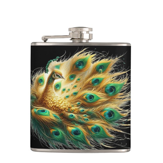 Majestic Peacock Displays Green and Yellow Plumage Hip Flask (Front)