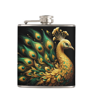 Majestic Peacock in Golden Splendour Hip Flask