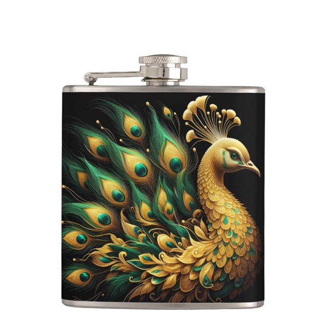 Majestic Peacock in Golden Splendour Hip Flask (Front)