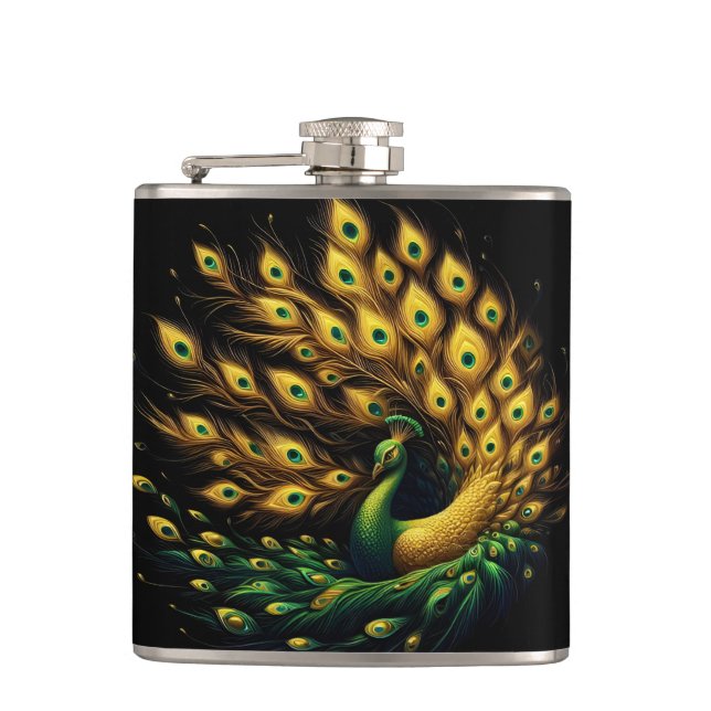 Majestic Peacock in White Space Hip Flask (Front)