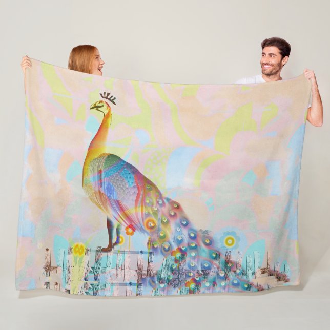 Majestic peacock on a fence - abstract art  fleece blanket (In Situ)