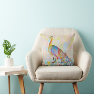 Majestic peacock on a fence - abstract cushion