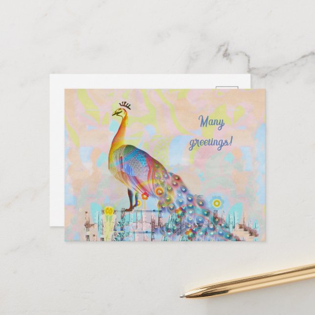 Majestic peacock on a fence - abstract   postcard (Front/Back In Situ)
