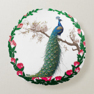 "Majestic Peacock Paradise" Round Cushion